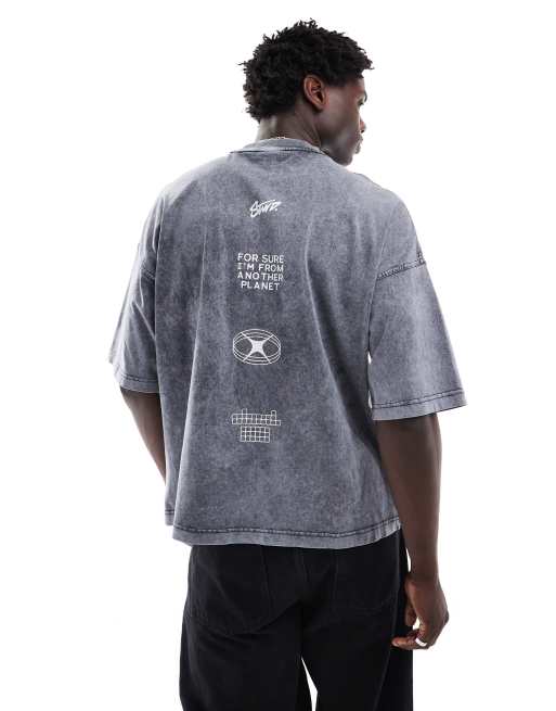 Pull&Bear from another planet printed T-shirt in gray