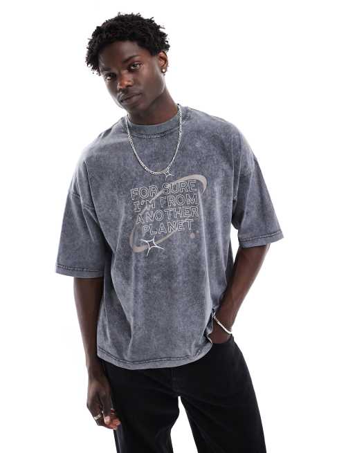 Pull Bear from another planet printed T shirt in gray ASOS