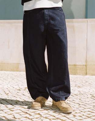 Pull & Bear Front Seam Barrel Jeans In Navy