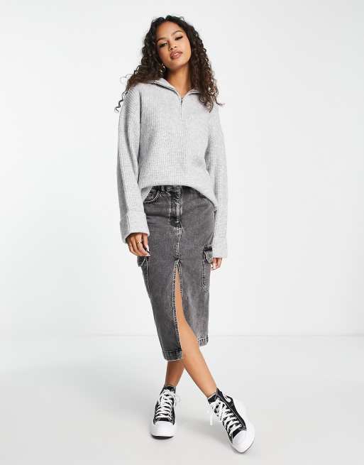 Pullu0026Bear funnel neck quarter zip detail sweater in gray | ASOS