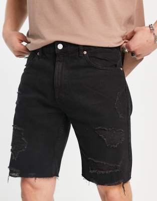 Pull&Bear Garment Dyed Denim Shorts In Black | ASOS