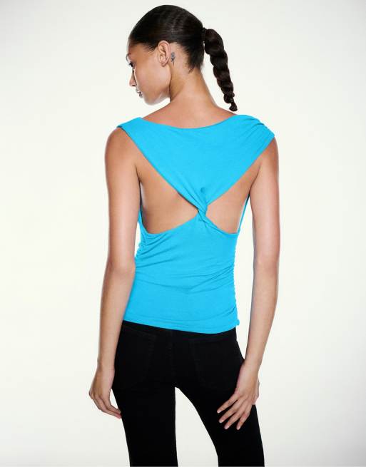 Pull&Bear Gathered asymmetric top in turquoise, 2 of 7