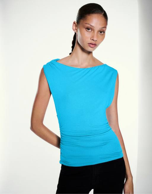 Pull&Bear Gathered asymmetric top in turquoise, 4 of 7