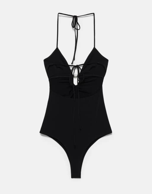 Pull&Bear Gathered halter bodysuit in black, 7 of 7
