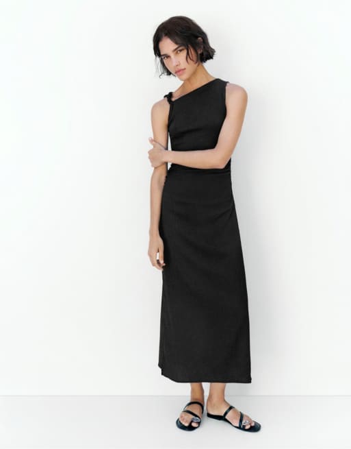 Pull&Bear Gathered knot midi dress in dark grey, 2 of 7