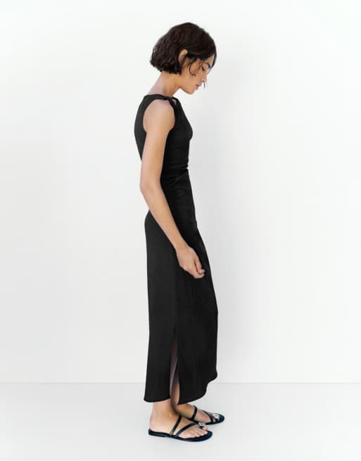 Pull&Bear Gathered knot midi dress in dark grey, 5 of 7