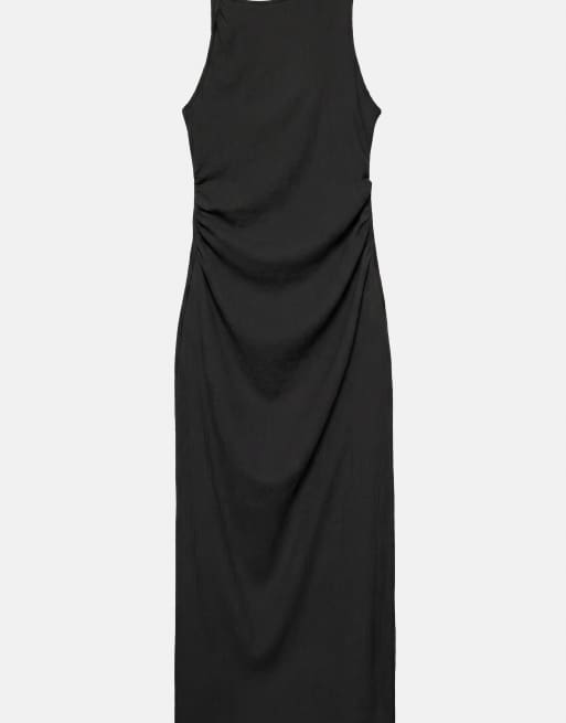 Pull&Bear Gathered knot midi dress in dark grey, 6 of 7