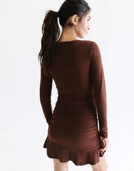 Pull&Bear Gathered short dress in brown, 2 of 7