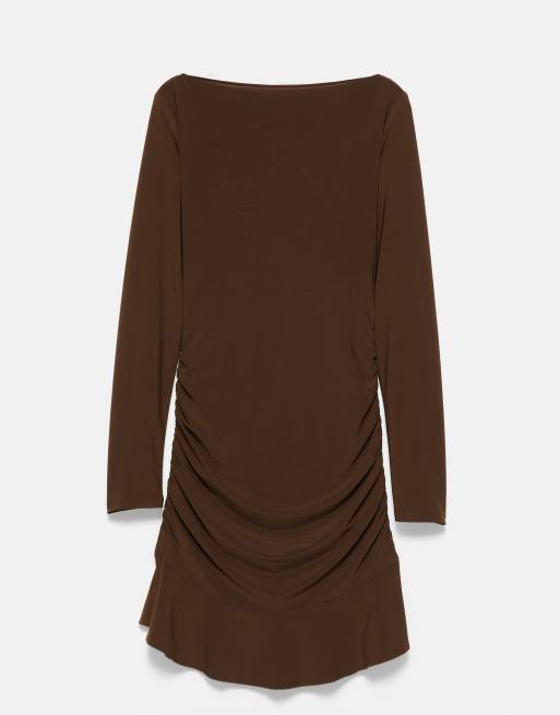 Pull&Bear Gathered short dress in brown, 6 of 7