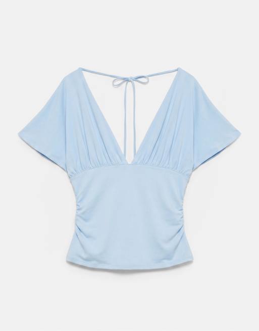 Pull&Bear Gathered v-neck top in pale blue, 6 of 7