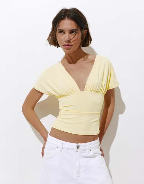 Pull&Bear Gathered v-neck top in yellow - view 1