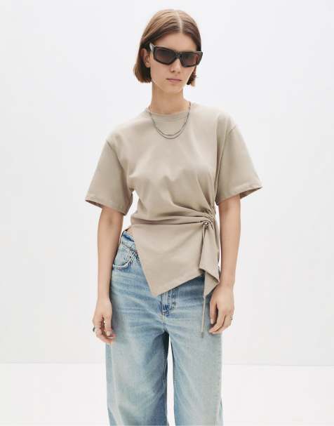 Pull&Bear Gathered waist t-shirt in stone - view 1