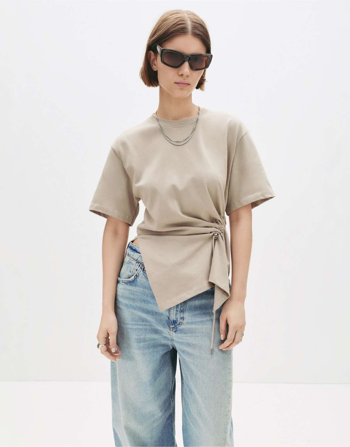 Pull&Bear Gathered waist t-shirt in stone
