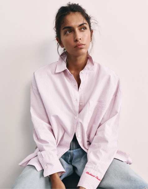 Pull&Bear geborduurd gestreept overhemd in roze - view 1