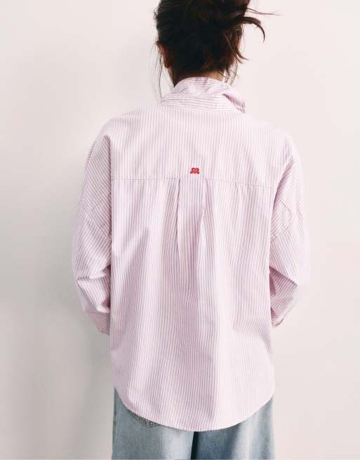 Pull&Bear geborduurd gestreept overhemd in roze, 3 van 7