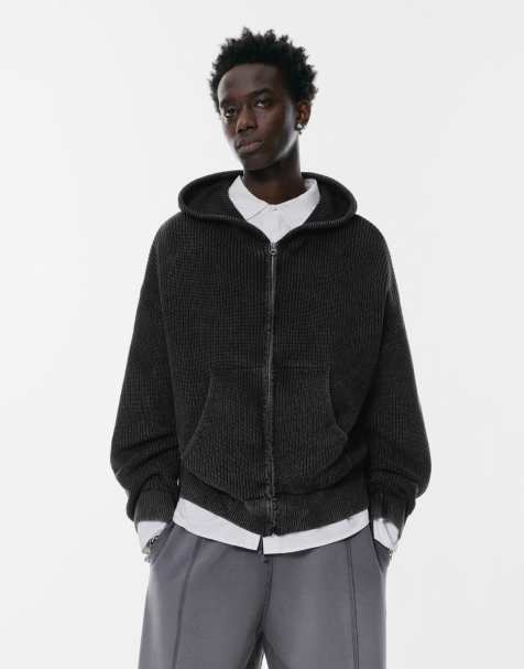 Pull&Bear - Gebreid jack met capuchon en rits in vervaagd zwart - view 1