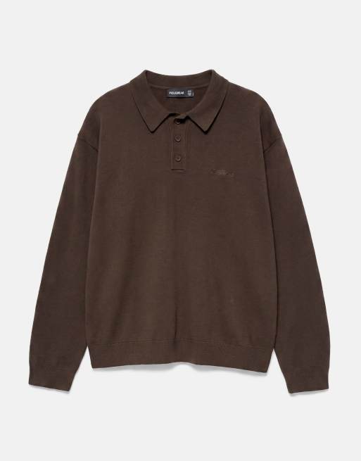 Pull&Bear gebreid poloshirt met lange mouwen in bruin, 5 van 6