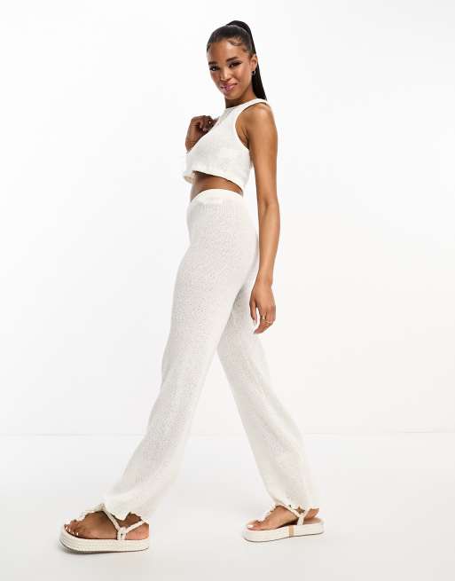 Pull&Bear - Gebreide broek in ecru, deel van co-ord set