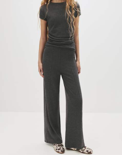 Pull&Bear - Gebreide broek met wijde pijpen in donkergrijs - view 1