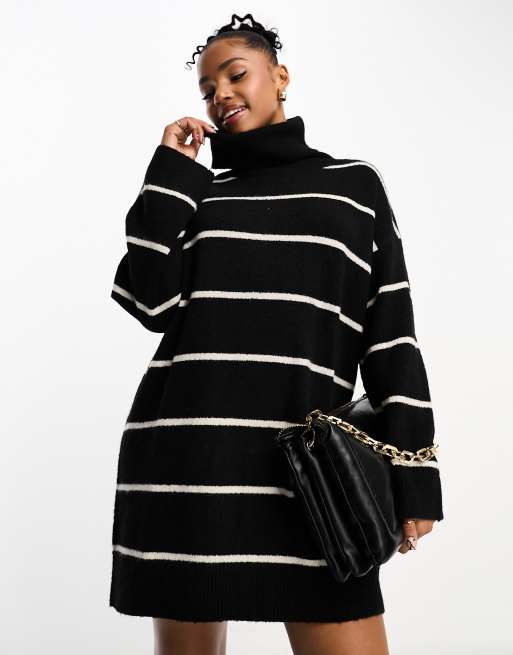 Pull&Bear - Gebreide coltrui-jurk in zwart met strepen