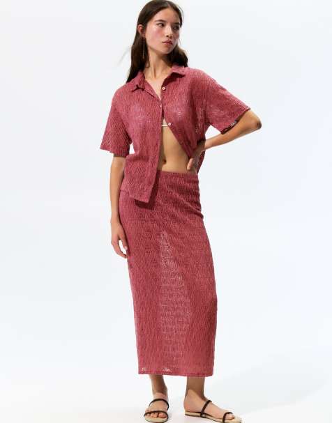 Pull&Bear - Gebreide midi rok in donkerroze - view 1