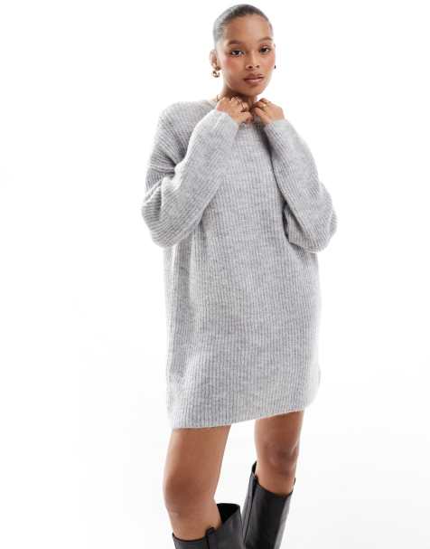 Pull&Bear - Gebreide mini trui jurk in lichtgrijs - view 1