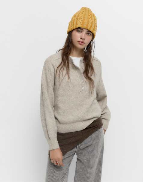 Pull&Bear - Gebreide sweater met knopen en siernaad in stone - view 1
