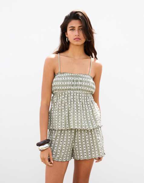 Pull&Bear - Gebreide top met dunne bandjes en strikdetail in ecru/groen - view 1