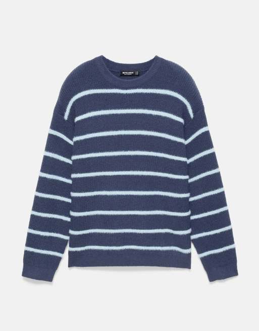 Pull&Bear gebreide trui met borduursel en strepen in navy, 7 van 7