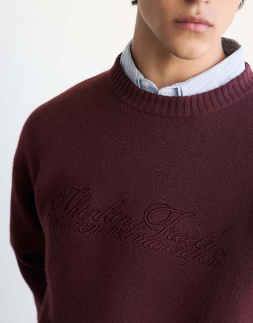 Pull&Bear gebreide trui met borduursel in bordeauxrood, 3 van 7