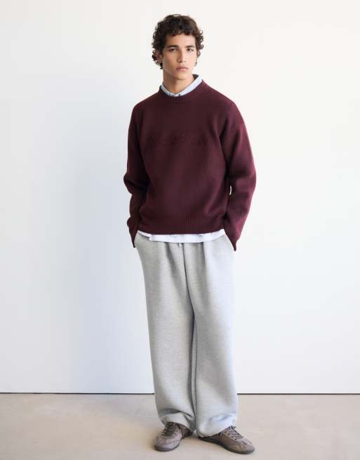 Pull&Bear gebreide trui met borduursel in bordeauxrood, 4 van 7