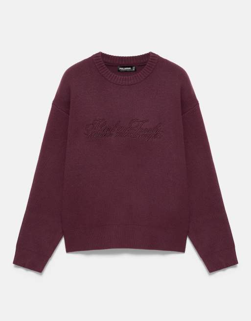 Pull&Bear gebreide trui met borduursel in bordeauxrood, 5 van 7