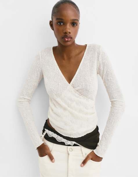 Pull&Bear - Gebreide wikkeltop met bloemenprint in beige - view 1