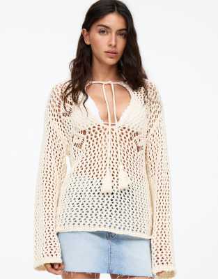 Pull & Bear - Gehäkelter Pullover in Beige mit Kordelzug-Neutral
