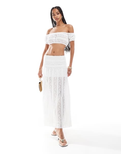 Pull&Bear - Gelaagde maxi rok met kant in wit, deel van co-ord set - view 1