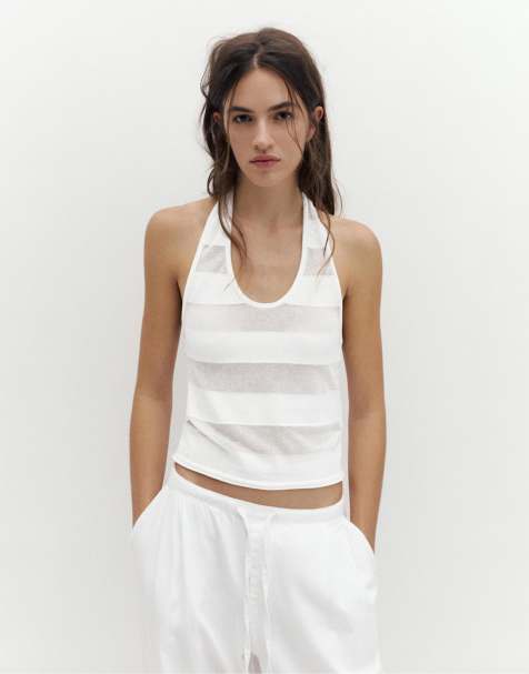 Pull&Bear - Gennemsigtig beige halterneck-top - view 1