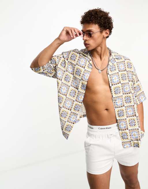 Pull&Bear geometric print shirt in brown