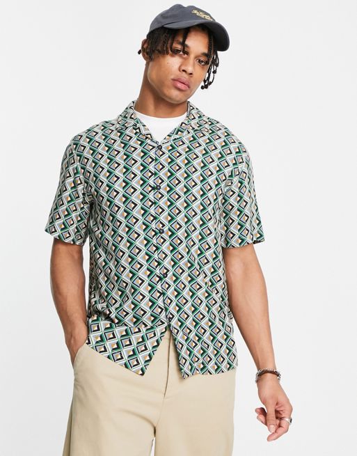 Pull&Bear geometric print shirt in green | ASOS