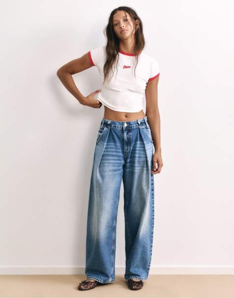 Pull&Bear geplooide balloon-fit baggy jeans in donkerblauw - view 1
