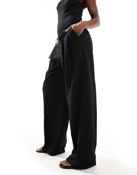 Pull&Bear - Geplooide elegante broek met wijde pijpen in zwart, deel van co-ord set - view 1