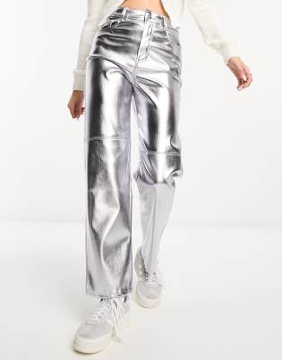 Pull & Bear - Gerade geschnittene Hose in Metallic-Silber