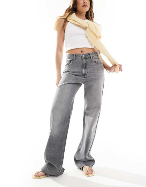 Pull&Bear – Gerade geschnittene Jeans in Grau mit hohem Bund