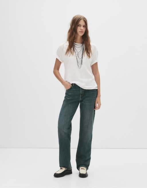 Pull&Bear – Gerade geschnittene Jeans in Marineblau mit mittelhohem Bund