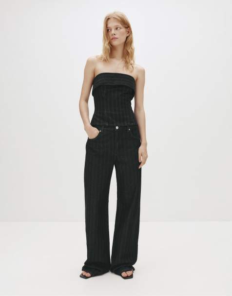 Pull&Bear – Gerade Jeans in Schwarz mit Streifen - view 1