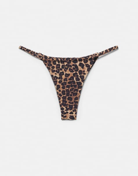 Pull&Bear – Geraffte Bikinihose mit Leopardenmuster in Braun - view 1