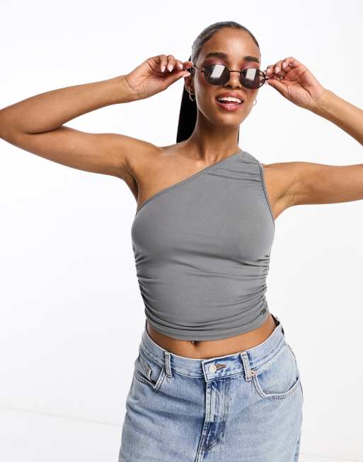 Pull&Bear – Gerafftes, asymmetrisches Oberteil mit kurzem Schnitt in Anthrazit, Kombiteil