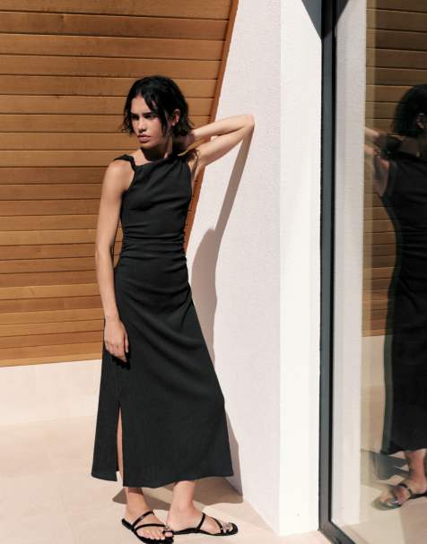 Pull&Bear – Gerafftes Midikleid in Dunkelgrau mit Knotendetail - view 1