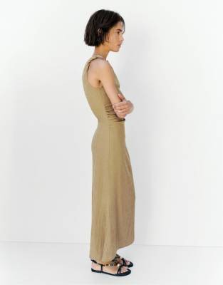 Gerafftes Midikleid in Khaki mit Knotendetail-Grün Grün XL