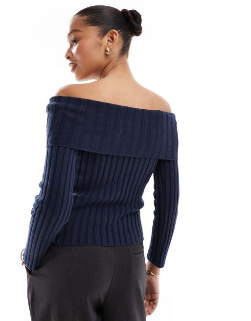 Pull&Bear - Geribbeld gebreide Bardot top in blauw, 4 van 4