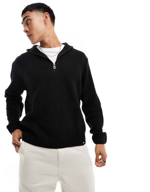 Pull&Bear - Geribbeld gebreide trui met 1/4 rits in zwart